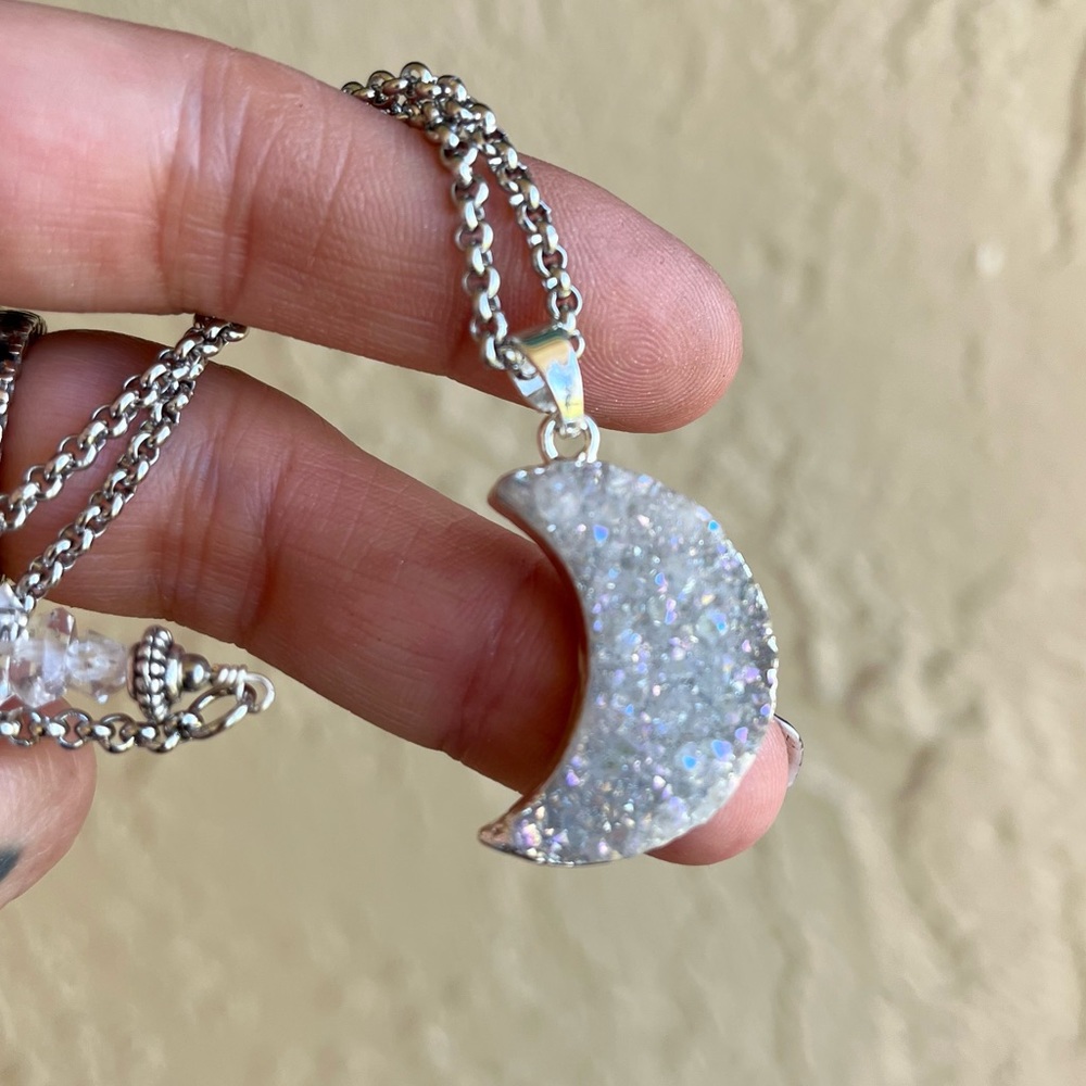 Crystal moon necklace . Genuine herkimers diamonds druzy quartz silver moon 🌙 - Picture 6 of 14